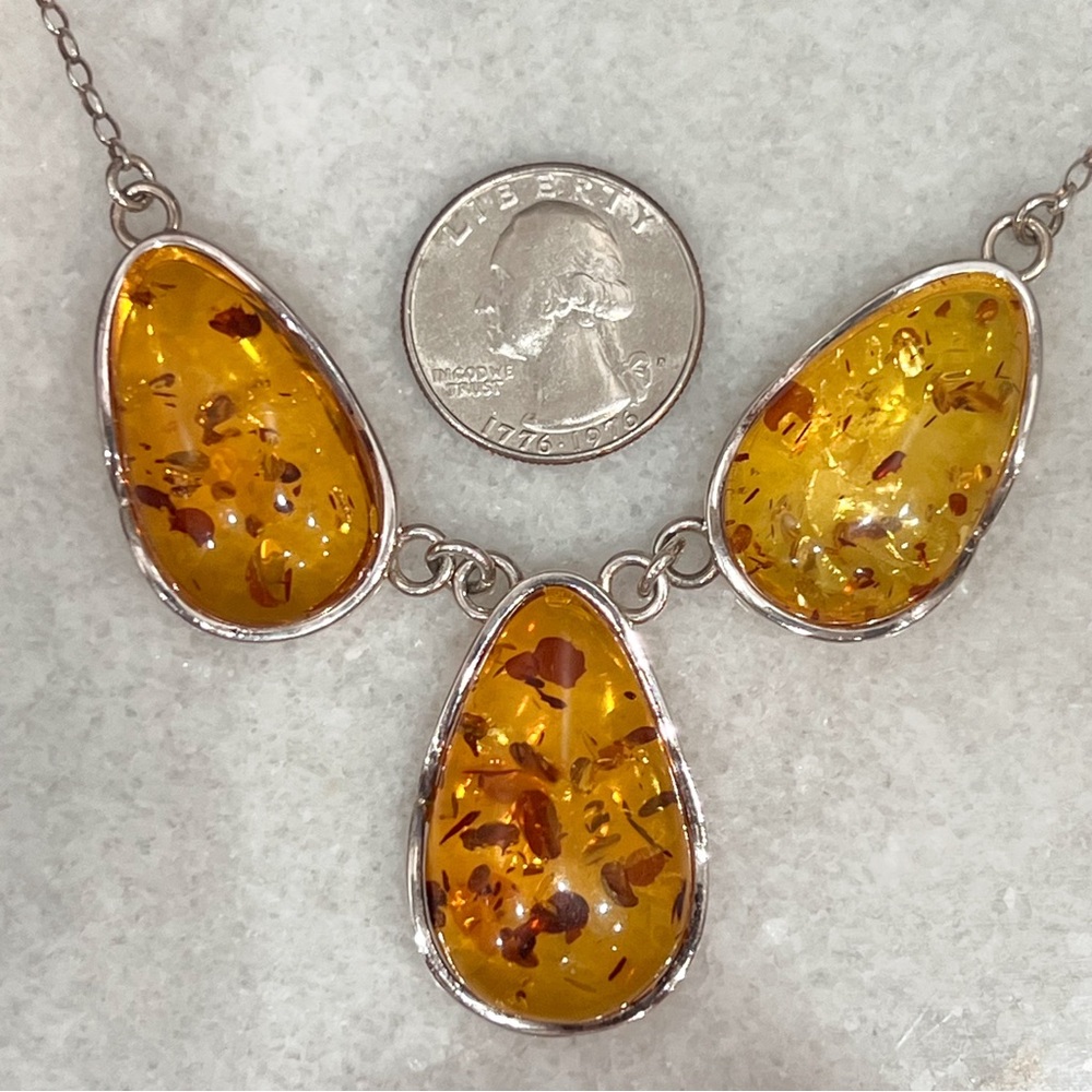 Baltic Amber Sterling Silver Trio Pendant Necklace - Picture 12 of 12